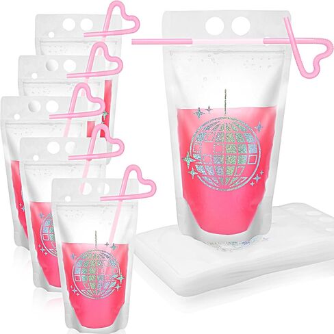 Hoolerry 36 Sets Disco Pouches for Drinks Adult Drink Pouches 70s Disco Party Drink Pouches with Straws Resealable Disco Theme Drink Bags Plastic Zipper Clear Juice Pouches for Party Supply(Classic) in Saudi Arabia
