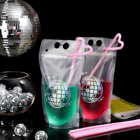 Hoolerry 36 Sets Disco Pouches for Drinks Adult Drink Pouches 70s Disco Party Drink Pouches with Straws Resealable Disco Theme Drink Bags Plastic Zipper Clear Juice Pouches for Party Supply(Classic) in Saudi Arabia