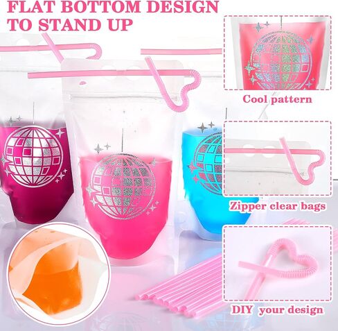 Hoolerry 36 Sets Disco Pouches for Drinks Adult Drink Pouches 70s Disco Party Drink Pouches with Straws Resealable Disco Theme Drink Bags Plastic Zipper Clear Juice Pouches for Party Supply(Classic) in Saudi Arabia