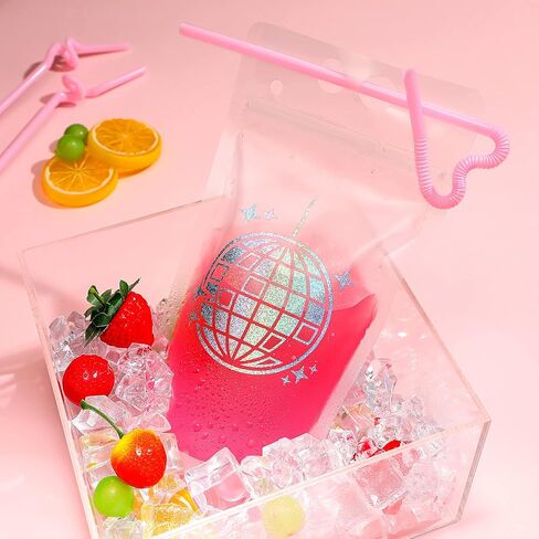 Hoolerry 36 Sets Disco Pouches for Drinks Adult Drink Pouches 70s Disco Party Drink Pouches with Straws Resealable Disco Theme Drink Bags Plastic Zipper Clear Juice Pouches for Party Supply(Classic) in Saudi Arabia