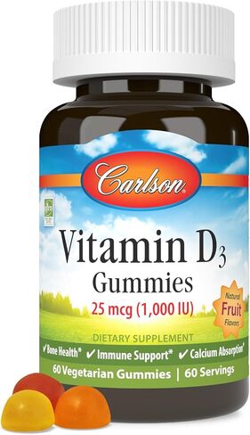 Carlson - Vitamin D3 Gummies, 1000 IU (25 mcg), Bone Health, Immune Support & Calcium Absorption, Natural Fruit Flavors, 60 Vegetarian Gummies in Saudi Arabia