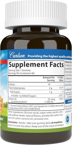 Carlson - Vitamin D3 Gummies, 1000 IU (25 mcg), Bone Health, Immune Support & Calcium Absorption, Natural Fruit Flavors, 60 Vegetarian Gummies in Saudi Arabia