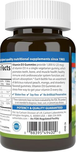 Carlson - Vitamin D3 Gummies, 1000 IU (25 mcg), Bone Health, Immune Support & Calcium Absorption, Natural Fruit Flavors, 60 Vegetarian Gummies in Saudi Arabia