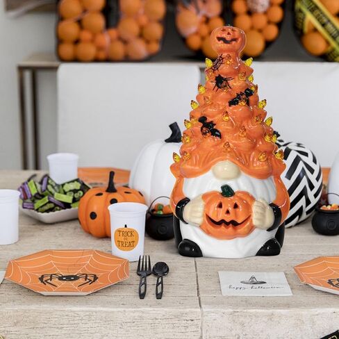 تماثيل اليقطين الخزفية ديكورات الهالوين: تماثيل اليقطين شجرة سيراميك برتقالية مضاءة - تماثيل خزفية صغيرة مضاءة مسبقًا مرسومة يدويًا ديكور طاولة الهالوين للمنزل الداخلي in Kuwait