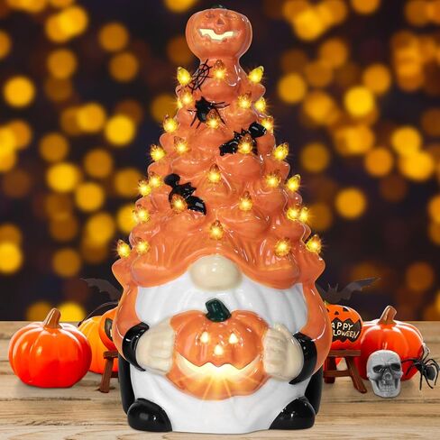 تماثيل اليقطين الخزفية ديكورات الهالوين: تماثيل اليقطين شجرة سيراميك برتقالية مضاءة - تماثيل خزفية صغيرة مضاءة مسبقًا مرسومة يدويًا ديكور طاولة الهالوين للمنزل الداخلي in Kuwait