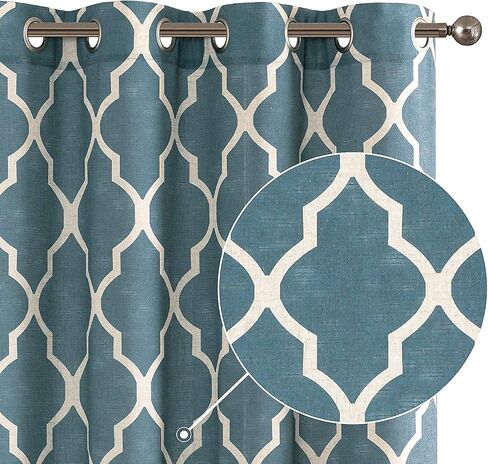 jinchan Curtains Blue Linen Living Room Drapes Light Filtering Moroccan Tile Print Drapes Bedroom Curtain Flax Textured Geometry Lattice Grommet for Dining Room 45 Inch Length 2 Panels in Saudi Arabia