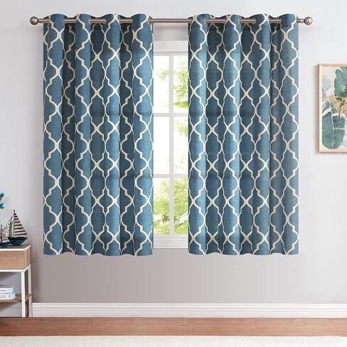 jinchan Curtains Blue Linen Living Room Drapes Light Filtering Moroccan Tile Print Drapes Bedroom Curtain Flax Textured Geometry Lattice Grommet for Dining Room 45 Inch Length 2 Panels in Saudi Arabia