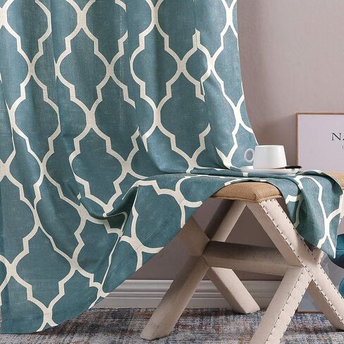 jinchan Curtains Blue Linen Living Room Drapes Light Filtering Moroccan Tile Print Drapes Bedroom Curtain Flax Textured Geometry Lattice Grommet for Dining Room 45 Inch Length 2 Panels in Saudi Arabia