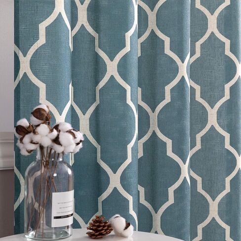 jinchan Curtains Blue Linen Living Room Drapes Light Filtering Moroccan Tile Print Drapes Bedroom Curtain Flax Textured Geometry Lattice Grommet for Dining Room 45 Inch Length 2 Panels in Saudi Arabia