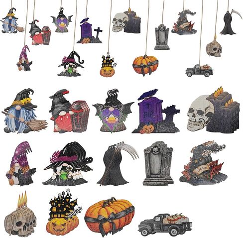 42Pcs Halloween Wooden Tree Ornaments Halloween Tree Decorations Pumpkin Ghost Witch Hat for Halloween Indoor Outdoor Decor Home Halloween Party Decoration (Novel Style) in Saudi Arabia