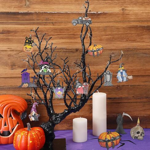 42Pcs Halloween Wooden Tree Ornaments Halloween Tree Decorations Pumpkin Ghost Witch Hat for Halloween Indoor Outdoor Decor Home Halloween Party Decoration (Novel Style) in Saudi Arabia