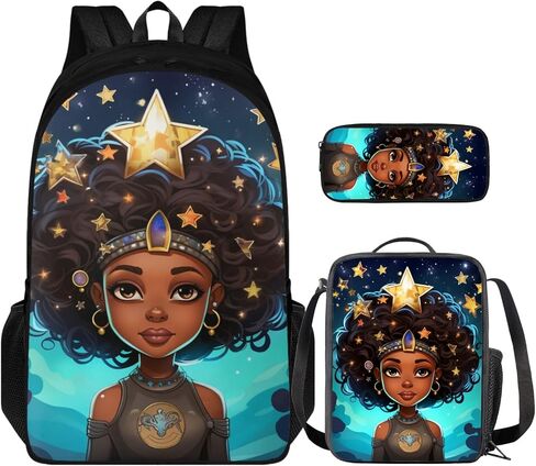 African Princess Girl Backpack with Lunch Bag Set for Kids Afro Angel Girl Book Bag for Boys Girls Lightweight School Bag with Lunch Bag and Pen Bag for Children Bookbag in Saudi Arabia