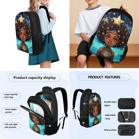 African Princess Girl Backpack with Lunch Bag Set for Kids Afro Angel Girl Book Bag for Boys Girls Lightweight School Bag with Lunch Bag and Pen Bag for Children Bookbag in Saudi Arabia