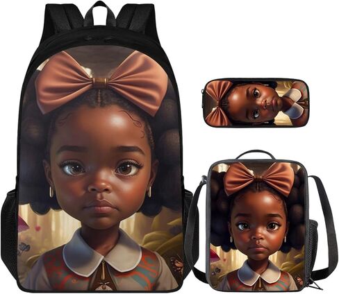 African Princess Girl Backpack with Lunch Bag Set for Kids Afro Angel Girl Book Bag for Boys Girls Lightweight School Bag with Lunch Bag and Pen Bag for Children Bookbag in Saudi Arabia