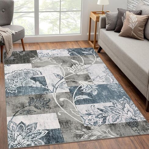 Area Rug 9x12 Modern Floral Petchwork Rug Machine Washable Rug Large Bedroom Rugs Inside Floor Carpet Non Slip Farmhouse Throw Rug Low Pile Indoor Floor Cover Nursery Rug, Grey in Saudi Arabia