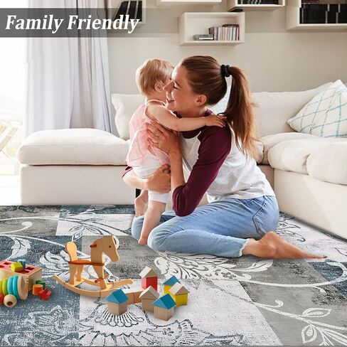 Area Rug 9x12 Modern Floral Petchwork Rug Machine Washable Rug Large Bedroom Rugs Inside Floor Carpet Non Slip Farmhouse Throw Rug Low Pile Indoor Floor Cover Nursery Rug, Grey in Saudi Arabia