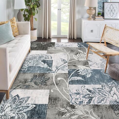 Area Rug 9x12 Modern Floral Petchwork Rug Machine Washable Rug Large Bedroom Rugs Inside Floor Carpet Non Slip Farmhouse Throw Rug Low Pile Indoor Floor Cover Nursery Rug, Grey in Saudi Arabia