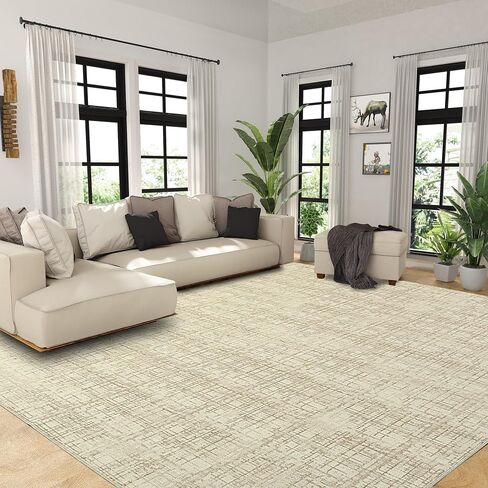 HOMBYS 10x14ft Modern Sketch Area Rug for Living Room Bedroom, Large Boho Floor Carpet for Indoor Office Dining Room, Abstract Home Deco Non-Shedding, Khaki, Machine Washable in Saudi Arabia