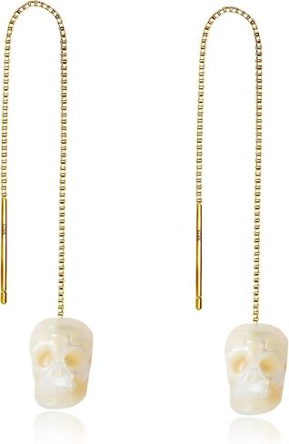 Pearl Threader Fashion Statement Earrings for Women Men, Gothic Skull Pearl Drop Earrings in Kuwait