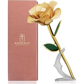 ENDLESS DEVOTION Gold Rose Long Stem 24k Gold Plated Preserved Rose with Stand and Certificate, Birthday Gift for Women,Gifts for Mom,Forever Rose for Anniversary and Valentines Day.