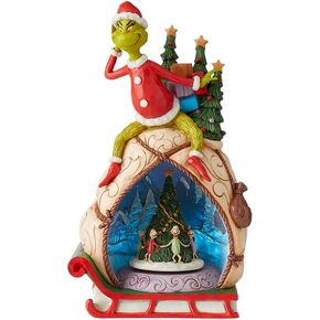 Enesco Dr. Seuss Grinch Jim Shore Santa Grinch Stealing Christmas Lit Rotating Animated Figurine LEDs, Hand Crafted Stone Resin Statue Collectible Christmas Figurines Home Decor, 11.5 Inch, Multicolor