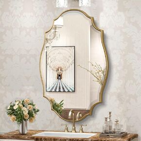 Jesantab Scalloped Oval Wall Mirror, 24“X36" Gold Bathroom Vanity Mirror, Ornate Decorative Mirror for Living Room, Washroom, Bedroom