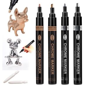 Mirror Chrome Markers, Waterproof Reflective Gloss Metallic Permanent Markers, Copper & Silver Paint Pump Pens for Model Painting, Repairing, Marking or DIY Art Projects (4pack,1-3mm)