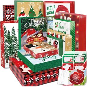 24 Christmas Cookie Bags for Gift Giving with Xmas 80 Gifts Stickers,Small Assorted holiday party Paper Kraft favor Goody Boxes Bulk for Packing,food treat container for wrapping