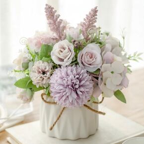 Artificial Flowers in Pot, Mini Blue Hydrangea Artificial Flower with Ceramic Vase for Desk Decorations, Flower Centerpieces for Tables (Blue)