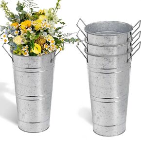 ZOOFOX 3 Pack Large Galvanized Metal Vases, 11 Inch Farmhouse French Flower Bucket Vase with Handles, Metal Floral Container for Cut Flowers, Flowers Arrangements, Table Centerpiece Wedding Decor