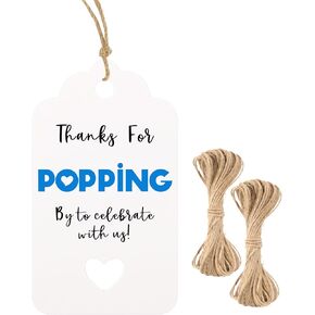 G2PLUS Thank You for Popping by Tags, 100PCS Thank You Tags Baby Shower, Cute Baby Feet Thank You Tags, White Paper Gift Tags with String for Gender Reveal, Birthday Party Favors (Blue)