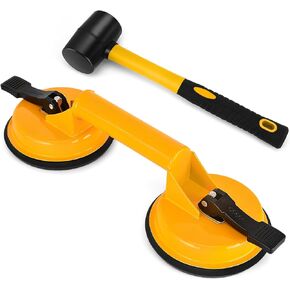 Floor Gap Fixer Tool, Glass Suction Cups,Heavy Duty Aluminum Suction Cups,Double Suction Cup Wiht Mallet For Lift Large Glass/Tile Lifter/Moving Glass/Pad for Lifting/Dent Puller (1+1 Pack)(Black)