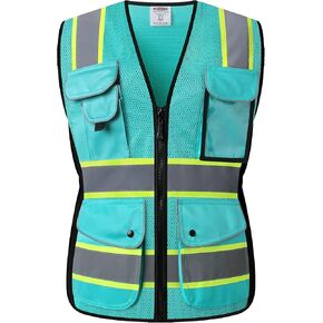 JKSafety 9 Pockets Women Hi-Vis Reflective Safety Vest | Mesh Black | Reflective Strips with Yellow Extended Trims | ANSI Compliant (168-Black, M)