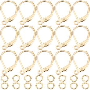 Beebeecraft 1 Box 20Pcs Leverback Earring Findings 24K Gold Plated French Earring Hooks 15.6x10mm Ear Wire Clip Earring Connector with 20Pcs Open Jump Rings for Jewelry Making