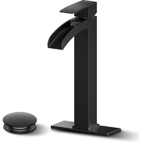 Black Bathroom Faucet Waterfall, Vanity Faucet for Sink 1 Hole Single Handle Modern Mixer Tap with Pop-up Drain Stopper for Lavatory Farmhouse Rv