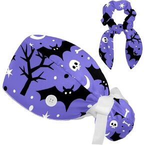 Scrub Cap with Ponytail Holder for Women Long Hair, Halloween Skull Bat Sweatband Working Hats, Bouffant Nurse Cap Multicoloured