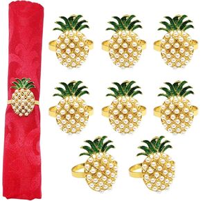 Pineapple Napkin Rings Set of 8 Elegant Pearls Napkin Holder Ring Metal Napkin Buckles for Table Setting Christmas Decorations Wedding Party Holiday(Gold)