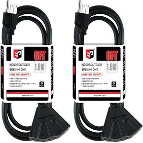 EP 6 Ft Outdoor Extension Cord with 3 Electrical Power Outlets - 16/3 SJTW Black Cable with 3 Prong Grounded Plug for Safety Great for Christmas Lights, Garden and Major Appliances