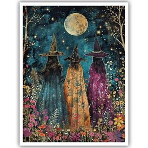 Generic Horror Halloween Home Decor Posters Three Witches Gather in The Maple Forest Vintage Gothic Wall Decor Autumn Beautiful Witches Forest Canvas Art Wall Decor for Living Room 12x16in Unframed