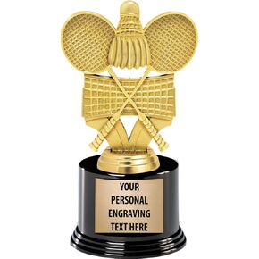 Crown Awards Badminton Trophies with Custom Engraving, 7.25" Personalized Badminton Racquets Trophy On Deluxe Round Base Prime