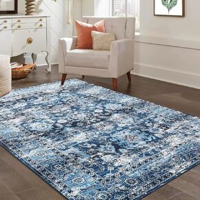 Vintage Runner Rug 2x6 Hallway Runner Rug Machine Washable Floor Cover Distressed Throw Long Runner Traditional Accent Runner Carpet for Living Room Bedroom Kitchen, Blue