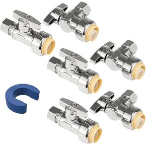 (Pack of 6) Push Fit 1/4 turn Stop Water Shut Off Valve Value Pack 3pcs 1/2 push fit x 3/8 OD Straight Stops & 3pcs 1/2 push fit x 3/8 ODAngle Stops For PEX, CPVC, Copper, LF Brass…