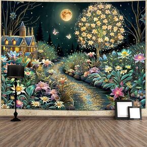 Ameyahud Blacklight Floral Flower Tapestry Aesthetic Tree Tapestry UV Reactive Moonlit Tapestry Fantasy Landscape Tapestry Neon Nature Plant Tapestry Wall Hanging Decor for Home