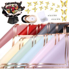 60 Sheets Flower Wrapping Paper, 3 Colors Floral Wrapping Paper, Florist Bouquet Supplies Gold Edge Wedding Wrapping Paper with 12PCS 3D Butterfly Decor for Wedding Gift Packaging Birthday Christmas
