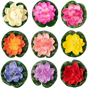RONRONS 9 Pack Artificial Floating Foam Lotus Flowers with Water Lily Pad Ornaments, Colorful