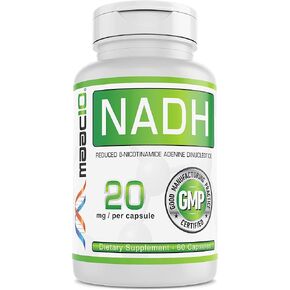 MAAC10 NADH Supplement 20mg Each 60 Capsules for Energy, Fatigue, Mental Focus & NAD+ Longevity Support | Pharmaceutical Grade 99% Pure NADH.