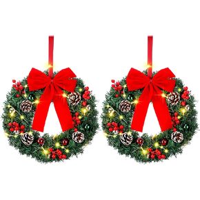Christmas Wreaths Lighted Artificial Christmas Wreath with Red Bow Lighted Door Wreath Adorned with Pine Cones Red Berries Outdoor Prelit Xmas Wreath for Holiday Hanging Decor (Red and Black, 4 Pcs)