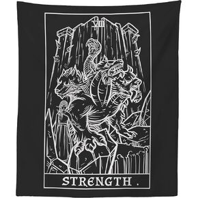The Ghoulish Garb Strength Tarot Card Tapestry (Black & White) - Persephone & Cerberus - Greek Mythology Home Decor Wall Hanging (60" x 50")