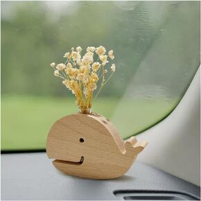 WAYUTO Wood Whale Car Flower Vase Artificial Flower Holder for Dashboard Mini Car Flower Pot with Wooden Stand Portable Flower Container for Car Decor Walnut color