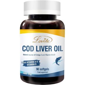 Lovita Norwegian Cod Liver Oil, High Absorption TG Form, DHA & EPA with Vitamin A & D, Burpless, Easy to Swallow, for Heart, Brain and Immune Support, 90 Softgels
